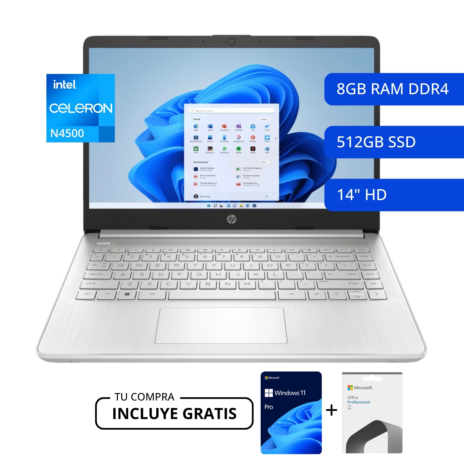PORTATIL HP 14-DQ3502LA CELERON N4500 8+512 SSD - WIN 11 OFFICE 2021